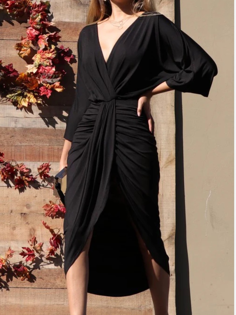 Kate & Mallory Black Ruched V-Neck Midi Dress with Front Slit